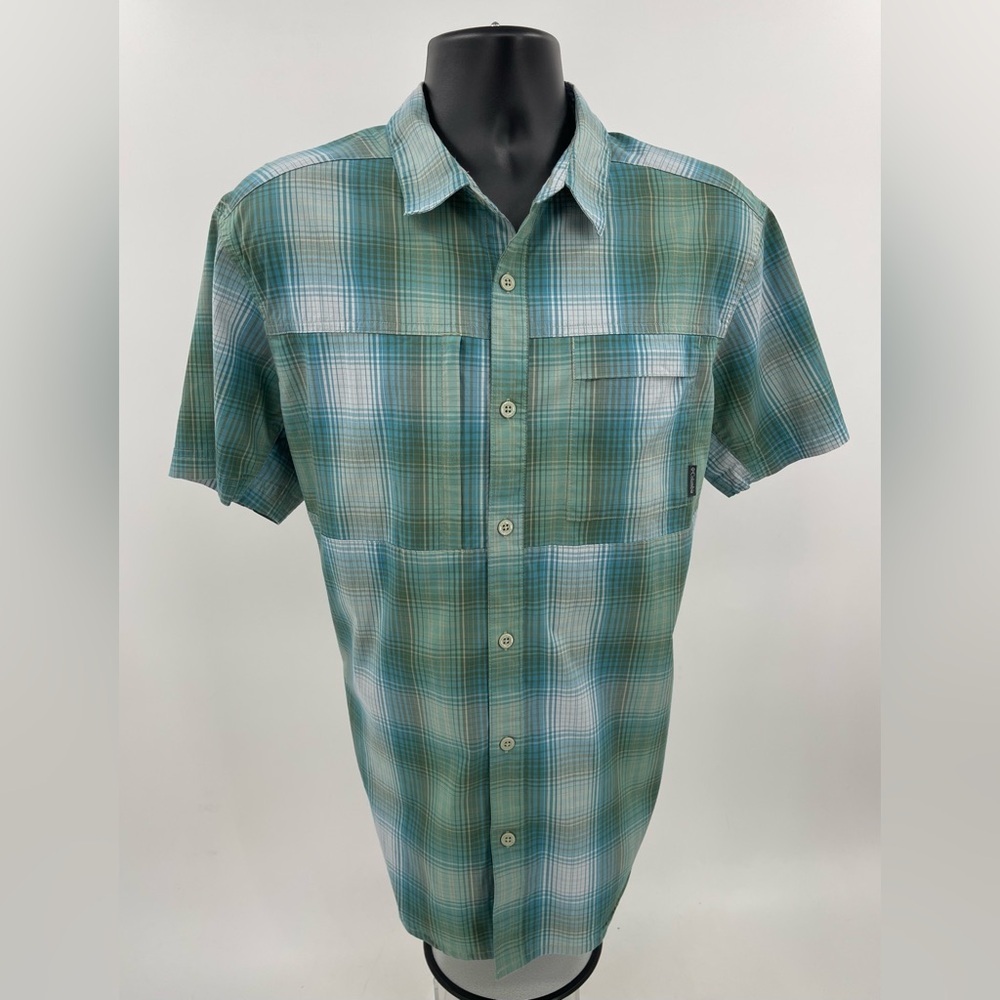 Columbia Omni Wick Shirt Mens Large L Teal Green Plaid Short Sleeve Cotton Blend